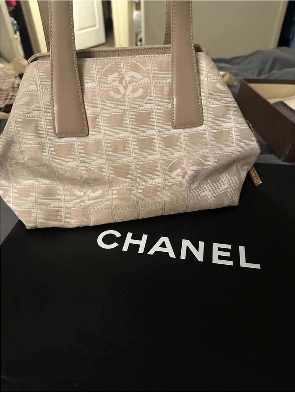 CHANEL Neutral Beige Jacquard Tote with Leather Straps